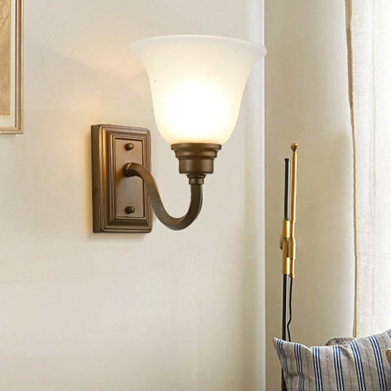 Flared Foyer Wall Lamp Antique Milky Glass 1-Bulb Wall Mounted Light with Curved Arm Clearhalo 'Wall Lamps & Sconces' 'Wall Lights' Lighting' 2323442