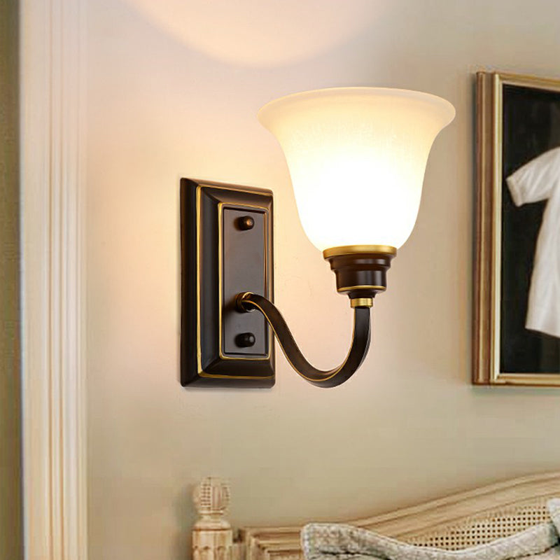 Flared Foyer Wall Lamp Antique Milky Glass 1-Bulb Wall Mounted Light with Curved Arm Clearhalo 'Wall Lamps & Sconces' 'Wall Lights' Lighting' 2323444