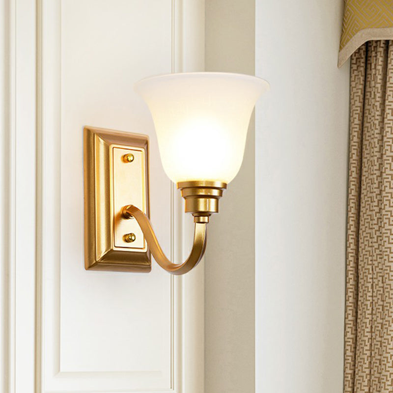 Flared Foyer Wall Lamp Antique Milky Glass 1-Bulb Wall Mounted Light with Curved Arm Clearhalo 'Wall Lamps & Sconces' 'Wall Lights' Lighting' 2323446