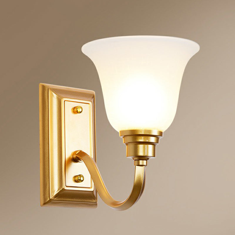 Flared Foyer Wall Lamp Antique Milky Glass 1-Bulb Wall Mounted Light with Curved Arm Gold Clearhalo 'Wall Lamps & Sconces' 'Wall Lights' Lighting' 2323447