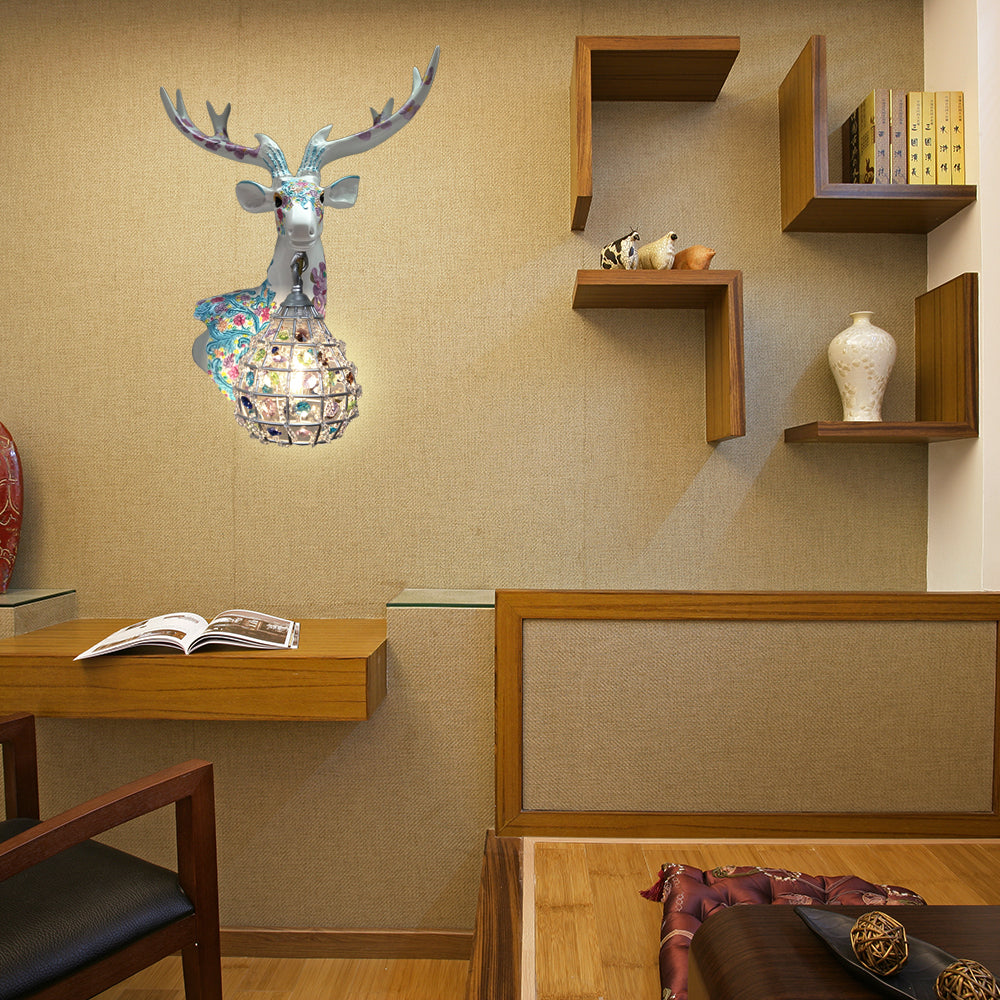 Traditional Deer Sconce 1 Light Resin Wall Mount Lighting in Black/Pink/Yellow for Bedroom with Droplet Crystal Shade, Right/Left Blue Left Clearhalo 'Wall Lamps & Sconces' 'Wall Lights' Lighting' 232345