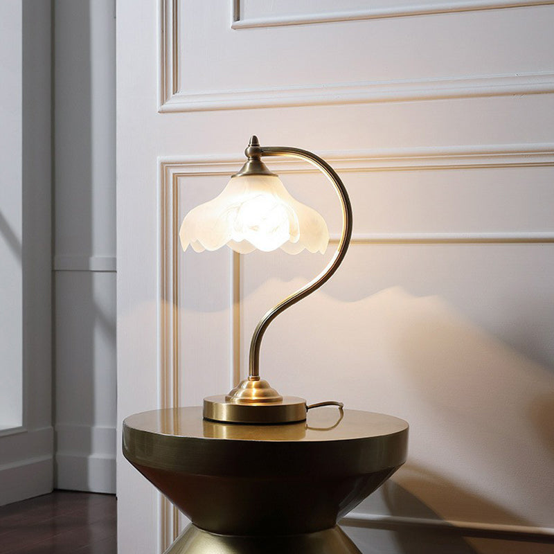 Brass Gooseneck Nightstand Lamp Traditional Metal 1-Light Living Room Table Light with Floral Frosted Glass Shade Clearhalo 'Lamps' 'Table Lamps' Lighting' 2323451