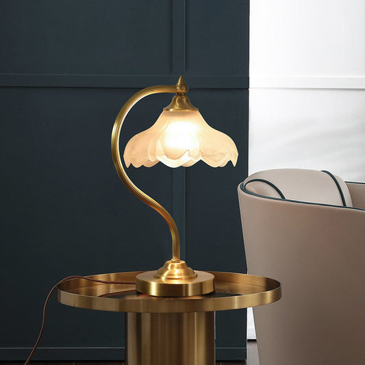 Brass Gooseneck Nightstand Lamp Traditional Metal 1-Light Living Room Table Light with Floral Frosted Glass Shade Clearhalo 'Lamps' 'Table Lamps' Lighting' 2323452