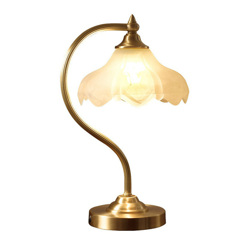 Brass Gooseneck Nightstand Lamp Traditional Metal 1-Light Living Room Table Light with Floral Frosted Glass Shade Clearhalo 'Lamps' 'Table Lamps' Lighting' 2323454