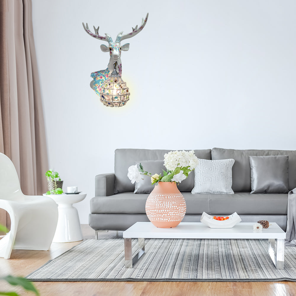 Traditional Deer Sconce 1 Light Resin Wall Mount Lighting in Black/Pink/Yellow for Bedroom with Droplet Crystal Shade, Right/Left Clearhalo 'Wall Lamps & Sconces' 'Wall Lights' Lighting' 232346