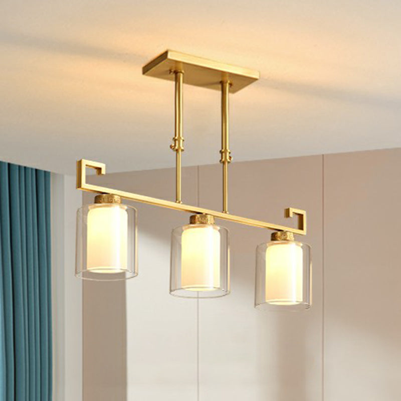 Brass 3-Light Island Lamp Traditional Clear and Frosted Glass Cylindrical Suspension Light Brass Clearhalo 'Ceiling Lights' 'Island Lights' Lighting' 2323473