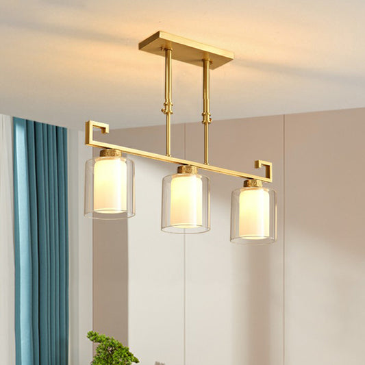 Brass 3-Light Island Lamp Traditional Clear and Frosted Glass Cylindrical Suspension Light Clearhalo 'Ceiling Lights' 'Island Lights' Lighting' 2323474