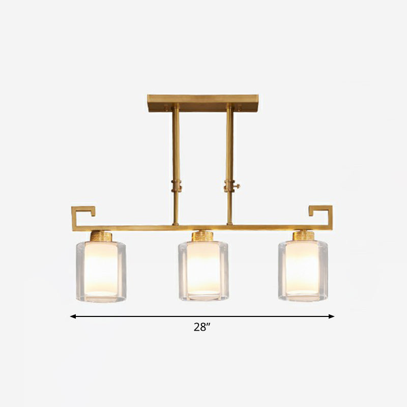 Brass 3-Light Island Lamp Traditional Clear and Frosted Glass Cylindrical Suspension Light Clearhalo 'Ceiling Lights' 'Island Lights' Lighting' 2323476