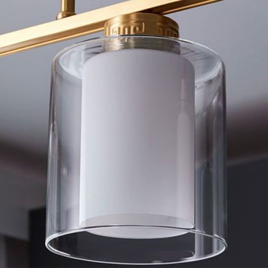 Brass 3-Light Island Lamp Traditional Clear and Frosted Glass Cylindrical Suspension Light Clearhalo 'Ceiling Lights' 'Island Lights' Lighting' 2323477