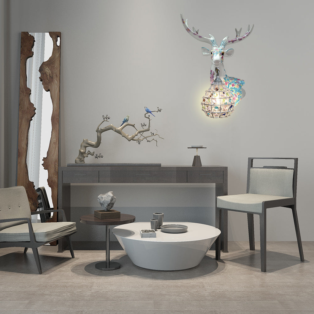 Traditional Deer Sconce 1 Light Resin Wall Mount Lighting in Black/Pink/Yellow for Bedroom with Droplet Crystal Shade, Right/Left Blue Right Clearhalo 'Wall Lamps & Sconces' 'Wall Lights' Lighting' 232348