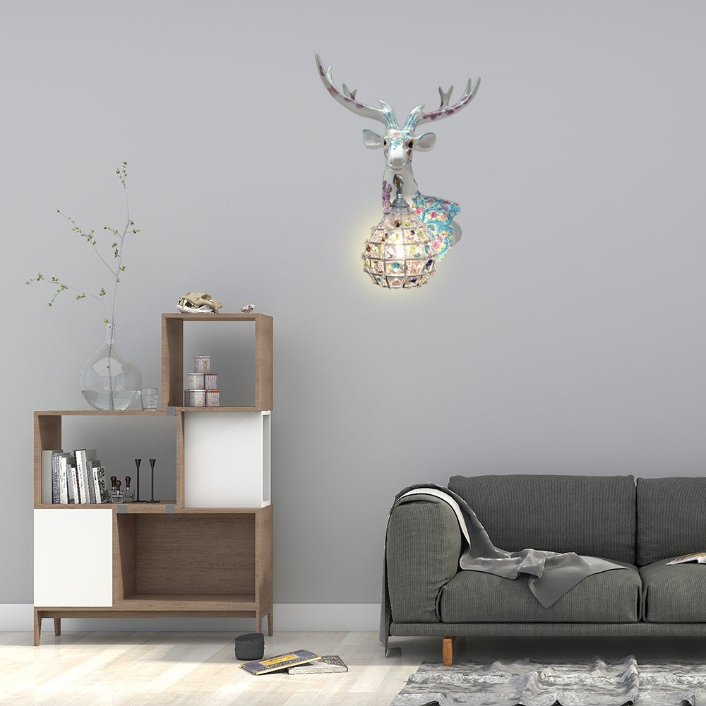 Traditional Deer Sconce 1 Light Resin Wall Mount Lighting in Black/Pink/Yellow for Bedroom with Droplet Crystal Shade, Right/Left Clearhalo 'Wall Lamps & Sconces' 'Wall Lights' Lighting' 232349