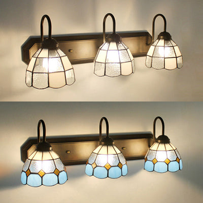 3 Heads Dome Wall Light Fixture Tiffany Clear/Blue Glass Sconce Lighting with Curve Arm Clearhalo 'Industrial' 'Middle century wall lights' 'Tiffany wall lights' 'Tiffany' 'Wall Lamps & Sconces' 'Wall Lights' Lighting' 23240