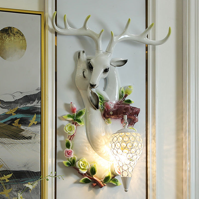 White/Gold 1 Light Wall Lighting Vintage Resin Deer Head Sconce Lamp with Droplet Crystal Shade Clearhalo 'Wall Lamps & Sconces' 'Wall Lights' Lighting' 232580