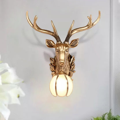 Gold Deer Head Shaped Sconce Light Country Resin 17"/25" W 1 Light Indoor Wall Mount Lighting Gold 17" Clearhalo 'Wall Lamps & Sconces' 'Wall Lights' Lighting' 232613