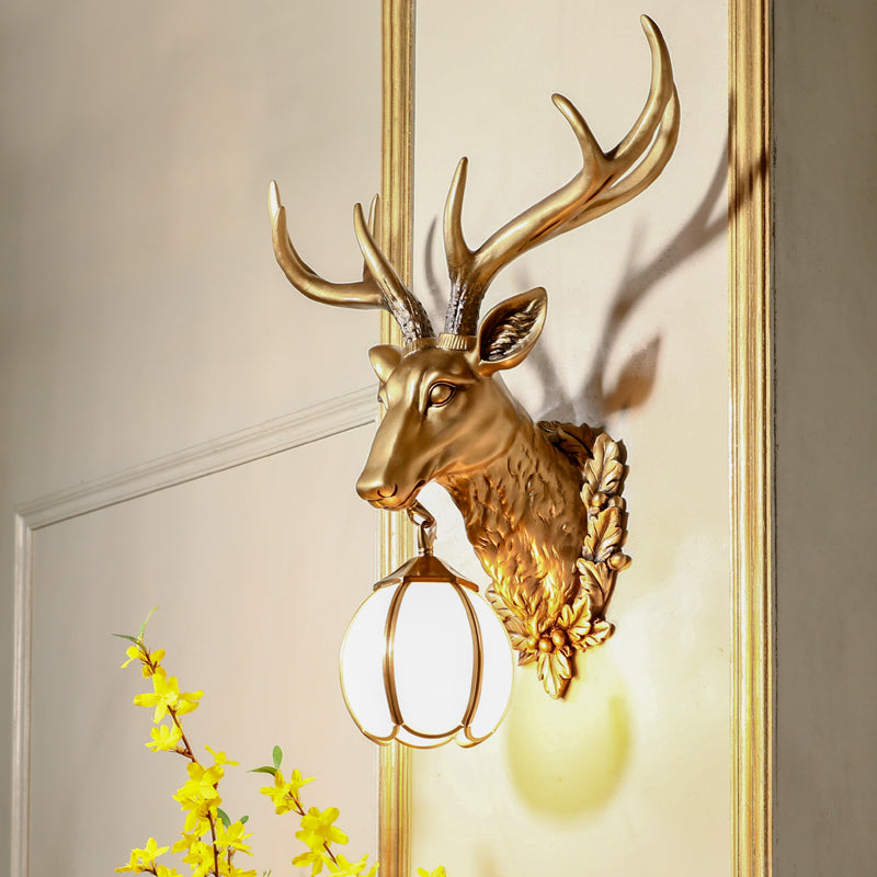 Gold Deer Head Shaped Sconce Light Country Resin 17"/25" W 1 Light Indoor Wall Mount Lighting Clearhalo 'Wall Lamps & Sconces' 'Wall Lights' Lighting' 232614