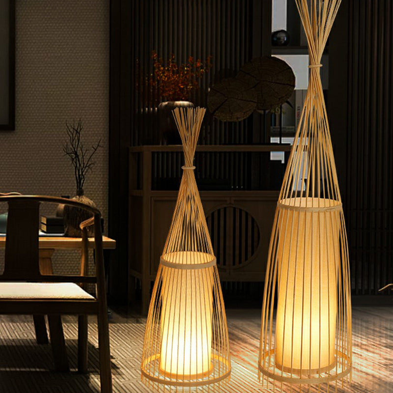 Bamboo Tapered Floor Light South-East Asia Single Stand Up Lamp with Cylindrical Shade Inside Clearhalo 'Floor Lamps' 'Lamps' Lighting' 2326390