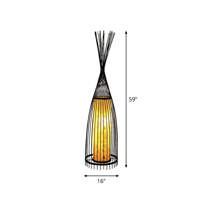 Bamboo Tapered Floor Light South-East Asia Single Stand Up Lamp with Cylindrical Shade Inside Black Large Clearhalo 'Floor Lamps' 'Lamps' Lighting' 2326396
