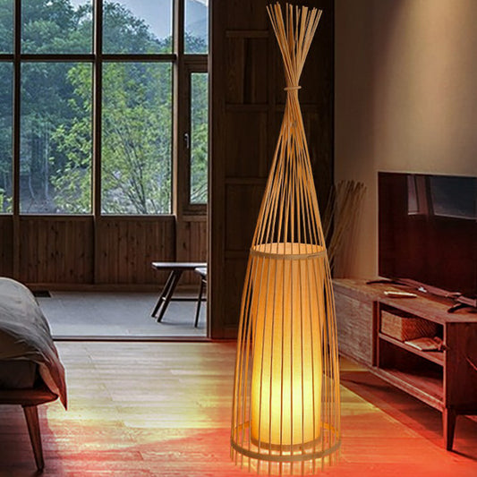 Bamboo Tapered Floor Light South-East Asia Single Stand Up Lamp with Cylindrical Shade Inside Clearhalo 'Floor Lamps' 'Lamps' Lighting' 2326397