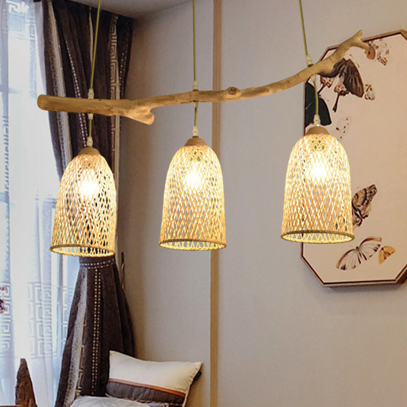 3-Bulb Restaurant Island Lamp Lodge Style Wood Pendant Light with Bell Bamboo Shade Clearhalo 'Ceiling Lights' 'Island Lights' Lighting' 2326399