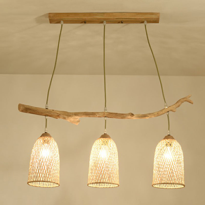 3-Bulb Restaurant Island Lamp Lodge Style Wood Pendant Light with Bell Bamboo Shade Wood Clearhalo 'Ceiling Lights' 'Island Lights' Lighting' 2326400