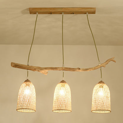 3-Bulb Restaurant Island Lamp Lodge Style Wood Pendant Light with Bell Bamboo Shade Wood Clearhalo 'Ceiling Lights' 'Island Lights' Lighting' 2326400