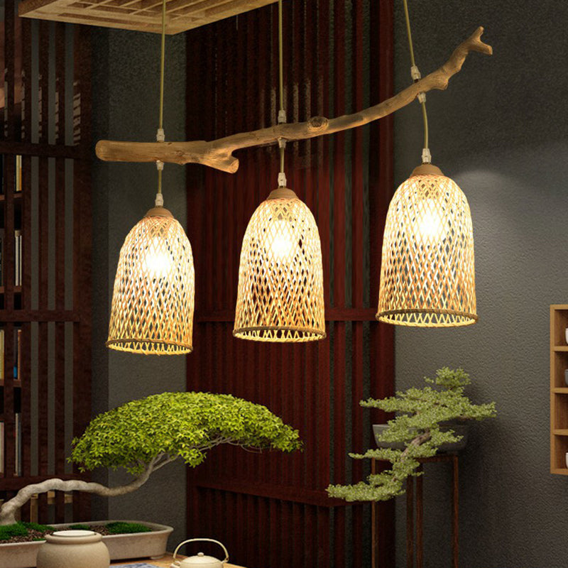 3-Bulb Restaurant Island Lamp Lodge Style Wood Pendant Light with Bell Bamboo Shade Clearhalo 'Ceiling Lights' 'Island Lights' Lighting' 2326401