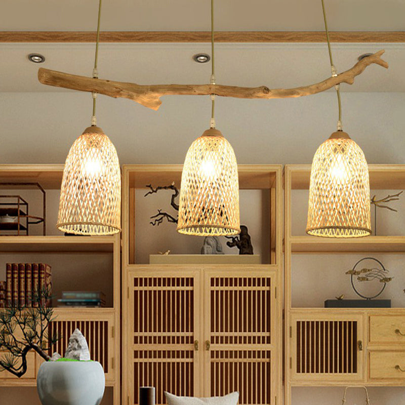 3-Bulb Restaurant Island Lamp Lodge Style Wood Pendant Light with Bell Bamboo Shade Clearhalo 'Ceiling Lights' 'Island Lights' Lighting' 2326403