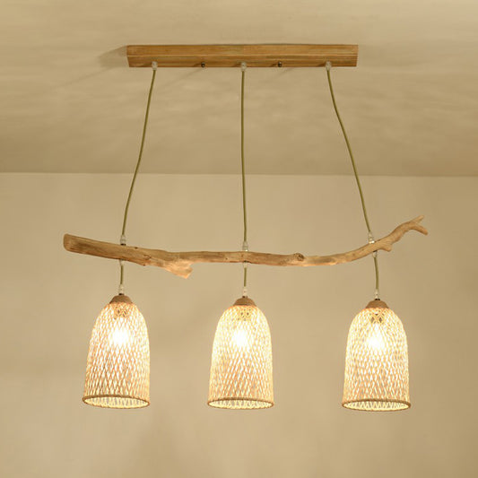 3-Bulb Restaurant Island Lamp Lodge Style Wood Pendant Light with Bell Bamboo Shade Clearhalo 'Ceiling Lights' 'Island Lights' Lighting' 2326404