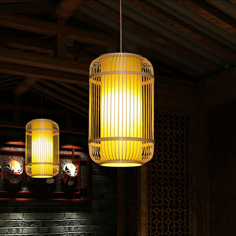 Cage Shade Suspension Lighting Modern Bamboo 1 Bulb Wood Pendant Light for Balcony Clearhalo 'Ceiling Lights' 'Modern Pendants' 'Modern' 'Pendant Lights' 'Pendants' Lighting' 2326513