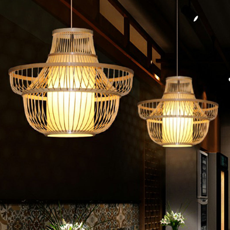 Cage Shade Suspension Lighting Modern Bamboo 1 Bulb Wood Pendant Light for Balcony Clearhalo 'Ceiling Lights' 'Modern Pendants' 'Modern' 'Pendant Lights' 'Pendants' Lighting' 2326518