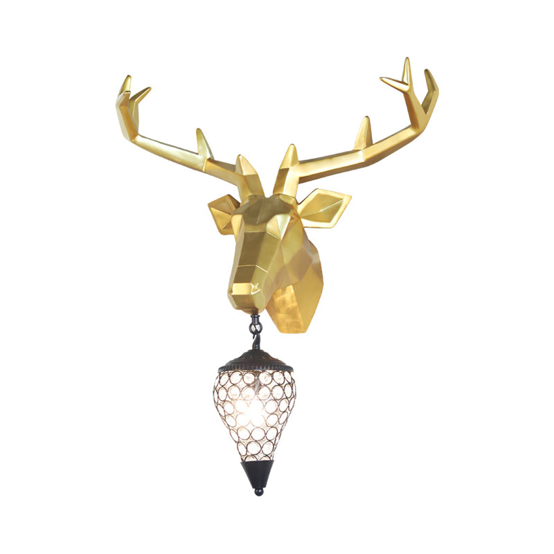 1 Light Wall Lamp Country Deer Resin Sconce Light Fixture in Black/Gold with Teardrop Crystal Shade Clearhalo 'Wall Lamps & Sconces' 'Wall Lights' Lighting' 232659