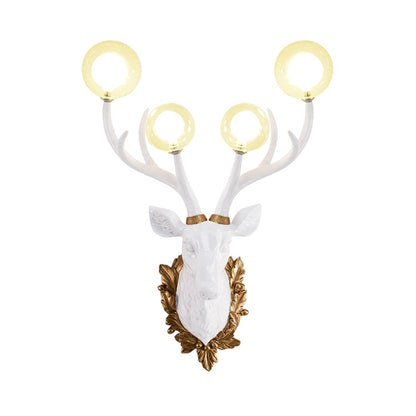 4 Bulbs Deer Sconce Lamp Vintage White/Gold Resin Wall Lighting with Round Glass Shade, 17"/21.5" W White 17" Clearhalo 'Wall Lamps & Sconces' 'Wall Lights' Lighting' 232683