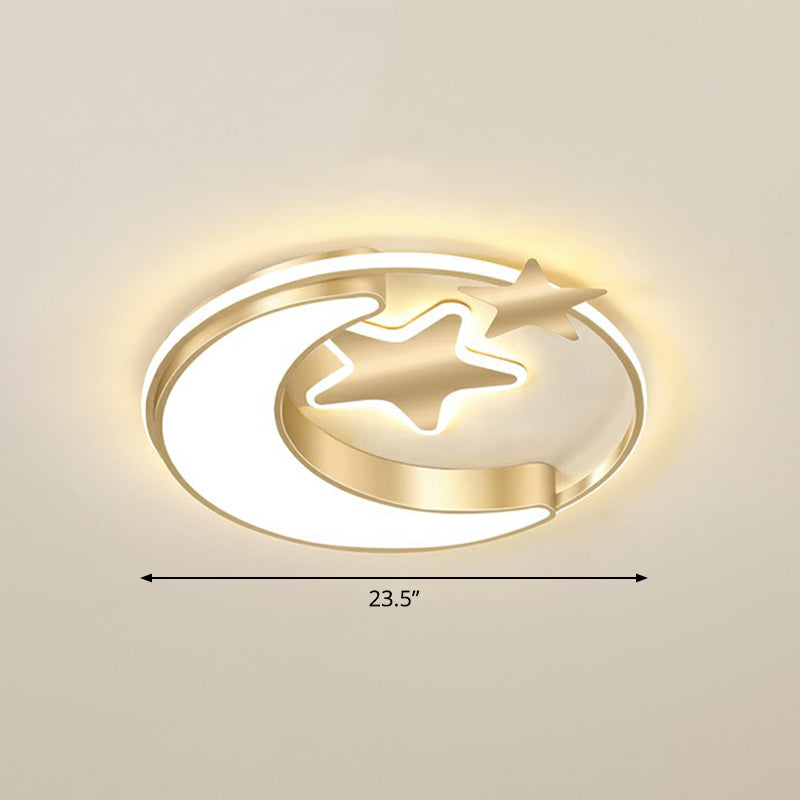 Kids Crescent and Star Ceiling Light Fixture Metal Bedroom Flush Mount Lamp with Ring Gold 23.5" Warm Clearhalo 'Ceiling Lights' 'Close To Ceiling Lights' 'Close to ceiling' 'Flush mount' Lighting' 2326967