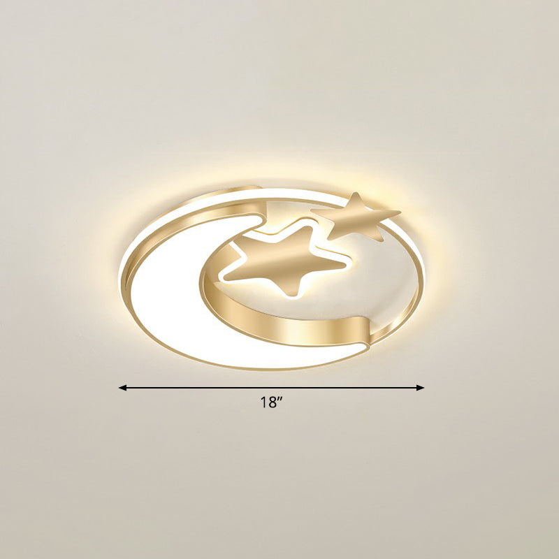 Kids Crescent and Star Ceiling Light Fixture Metal Bedroom Flush Mount Lamp with Ring Gold 18" Remote Control Stepless Dimming Clearhalo 'Ceiling Lights' 'Close To Ceiling Lights' 'Close to ceiling' 'Flush mount' Lighting' 2326969