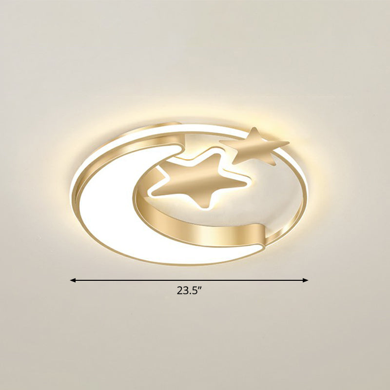 Kids Crescent and Star Ceiling Light Fixture Metal Bedroom Flush Mount Lamp with Ring Gold 23.5" Remote Control Stepless Dimming Clearhalo 'Ceiling Lights' 'Close To Ceiling Lights' 'Close to ceiling' 'Flush mount' Lighting' 2326972