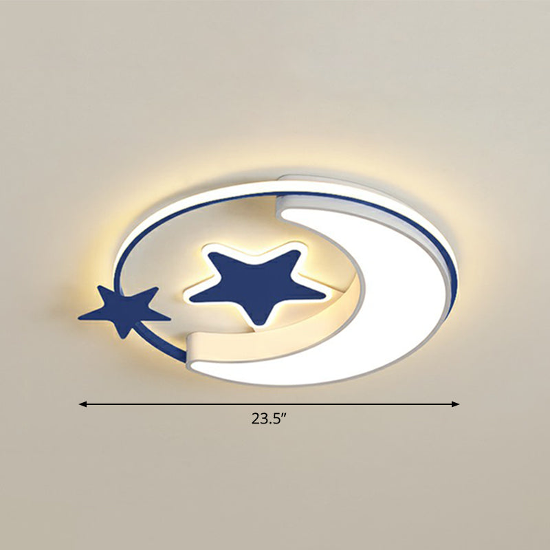 Kids Crescent and Star Ceiling Light Fixture Metal Bedroom Flush Mount Lamp with Ring Blue 23.5" Warm Clearhalo 'Ceiling Lights' 'Close To Ceiling Lights' 'Close to ceiling' 'Flush mount' Lighting' 2326977