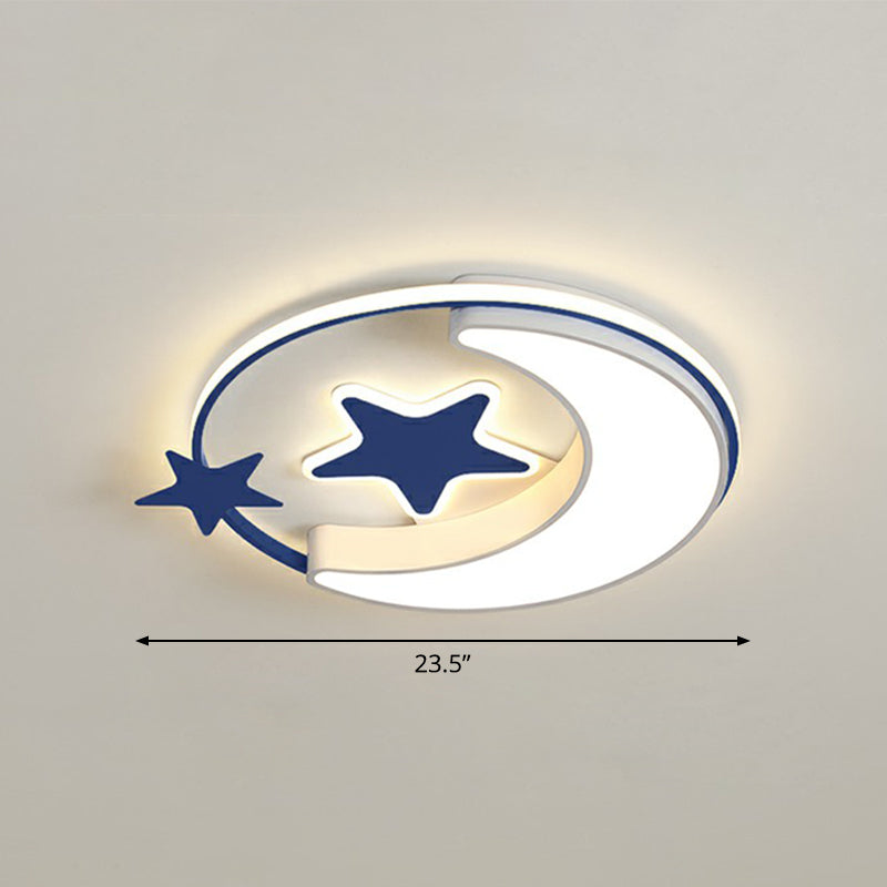 Kids Crescent and Star Ceiling Light Fixture Metal Bedroom Flush Mount Lamp with Ring Blue 23.5" Remote Control Stepless Dimming Clearhalo 'Ceiling Lights' 'Close To Ceiling Lights' 'Close to ceiling' 'Flush mount' Lighting' 2326979
