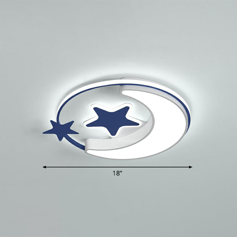 Kids Crescent and Star Ceiling Light Fixture Metal Bedroom Flush Mount Lamp with Ring Blue 18" White Clearhalo 'Ceiling Lights' 'Close To Ceiling Lights' 'Close to ceiling' 'Flush mount' Lighting' 2326980