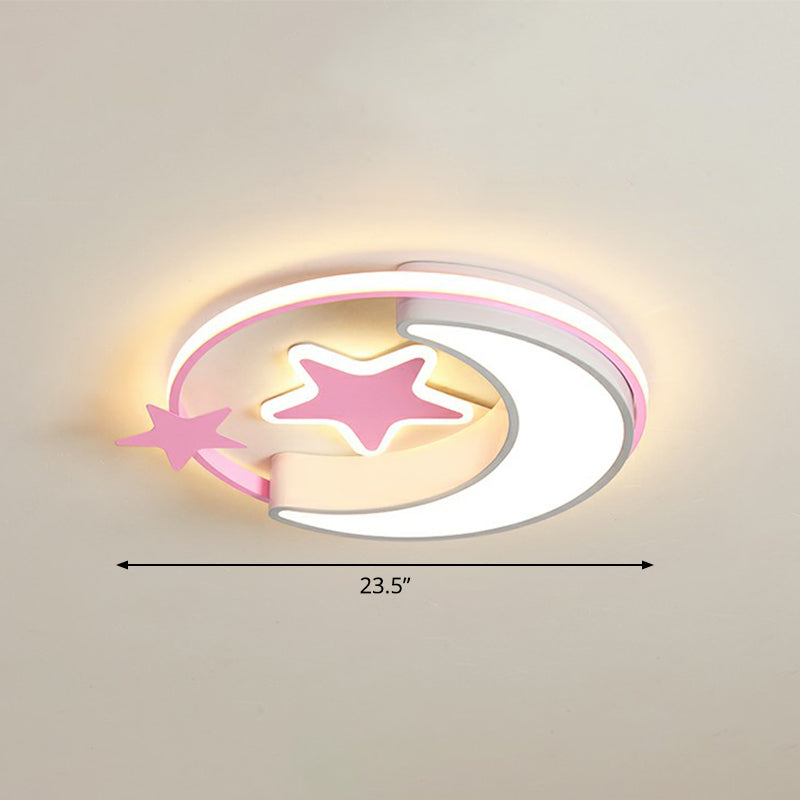 Kids Crescent and Star Ceiling Light Fixture Metal Bedroom Flush Mount Lamp with Ring Pink 23.5" Warm Clearhalo 'Ceiling Lights' 'Close To Ceiling Lights' 'Close to ceiling' 'Flush mount' Lighting' 2326983