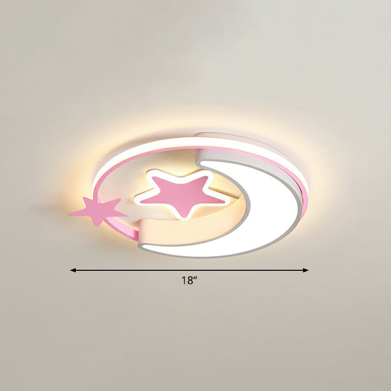 Kids Crescent and Star Ceiling Light Fixture Metal Bedroom Flush Mount Lamp with Ring Pink 18" Remote Control Stepless Dimming Clearhalo 'Ceiling Lights' 'Close To Ceiling Lights' 'Close to ceiling' 'Flush mount' Lighting' 2326984