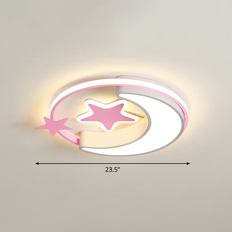 Kids Crescent and Star Ceiling Light Fixture Metal Bedroom Flush Mount Lamp with Ring Pink 23.5" Remote Control Stepless Dimming Clearhalo 'Ceiling Lights' 'Close To Ceiling Lights' 'Close to ceiling' 'Flush mount' Lighting' 2326985
