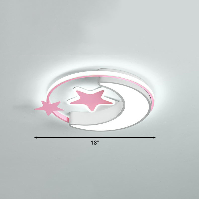 Kids Crescent and Star Ceiling Light Fixture Metal Bedroom Flush Mount Lamp with Ring Pink 18" White Clearhalo 'Ceiling Lights' 'Close To Ceiling Lights' 'Close to ceiling' 'Flush mount' Lighting' 2326986