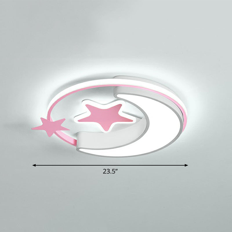 Kids Crescent and Star Ceiling Light Fixture Metal Bedroom Flush Mount Lamp with Ring Pink 23.5" White Clearhalo 'Ceiling Lights' 'Close To Ceiling Lights' 'Close to ceiling' 'Flush mount' Lighting' 2326987
