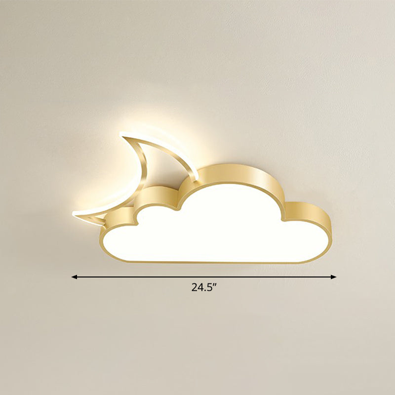 Metal Moon and Cloud Ceiling Fixture Childrens LED Flush Mounted Light for Bedroom Gold 24.5" Remote Control Stepless Dimming Clearhalo 'Ceiling Lights' 'Close To Ceiling Lights' 'Close to ceiling' 'Flush mount' Lighting' 2327030