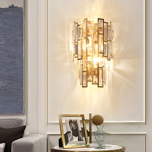 Gold Curved Sconce Light Fixture Postmodern 2-Bulb Crystal Rectangle Wall Lamp for Living Room Clearhalo 'Cast Iron' 'Glass' 'Industrial' 'Modern wall lights' 'Modern' 'Tiffany' 'Traditional wall lights' 'Wall Lamps & Sconces' 'Wall Lights' Lighting' 2327269