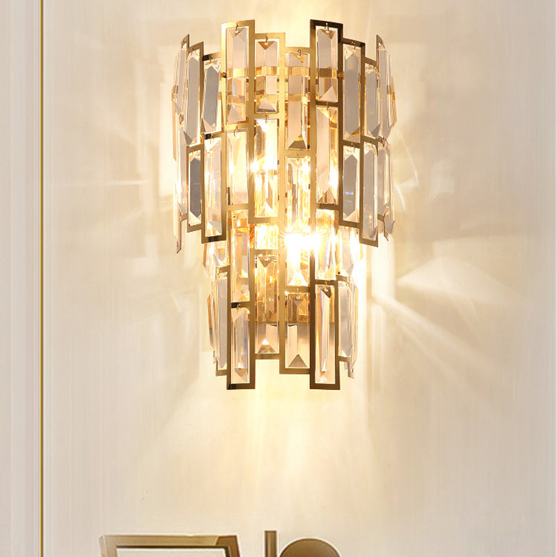 Gold Curved Sconce Light Fixture Postmodern 2-Bulb Crystal Rectangle Wall Lamp for Living Room Clearhalo 'Cast Iron' 'Glass' 'Industrial' 'Modern wall lights' 'Modern' 'Tiffany' 'Traditional wall lights' 'Wall Lamps & Sconces' 'Wall Lights' Lighting' 2327271