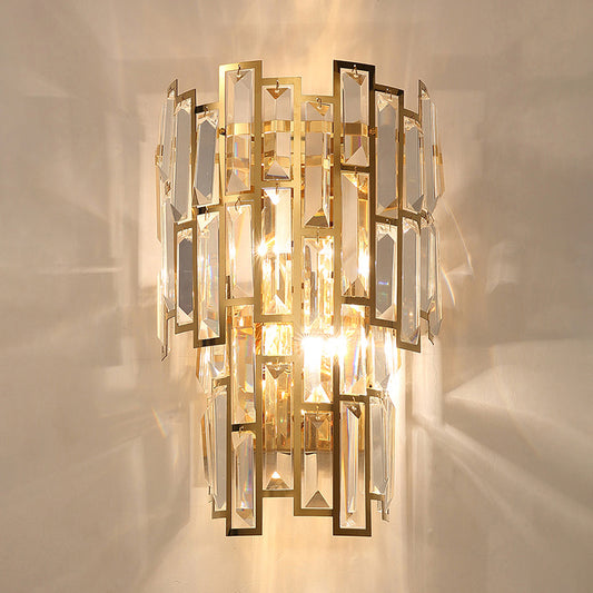 Gold Curved Sconce Light Fixture Postmodern 2-Bulb Crystal Rectangle Wall Lamp for Living Room Clearhalo 'Cast Iron' 'Glass' 'Industrial' 'Modern wall lights' 'Modern' 'Tiffany' 'Traditional wall lights' 'Wall Lamps & Sconces' 'Wall Lights' Lighting' 2327273