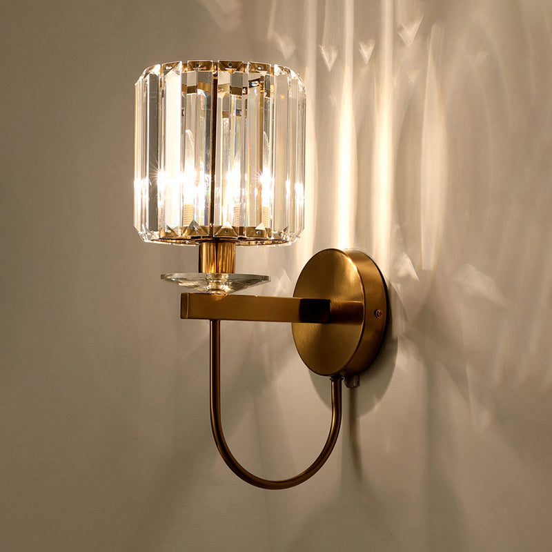 Cylindrical Crystal Wall Lighting Postmodern 1 Head Gold Finish Sconce with Curved Arm Clearhalo 'Cast Iron' 'Glass' 'Industrial' 'Modern wall lights' 'Modern' 'Tiffany' 'Traditional wall lights' 'Wall Lamps & Sconces' 'Wall Lights' Lighting' 2327277
