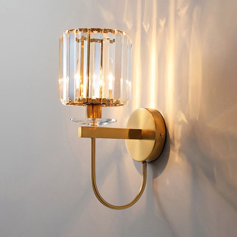 Cylindrical Crystal Wall Lighting Postmodern 1 Head Gold Finish Sconce with Curved Arm Clearhalo 'Cast Iron' 'Glass' 'Industrial' 'Modern wall lights' 'Modern' 'Tiffany' 'Traditional wall lights' 'Wall Lamps & Sconces' 'Wall Lights' Lighting' 2327278