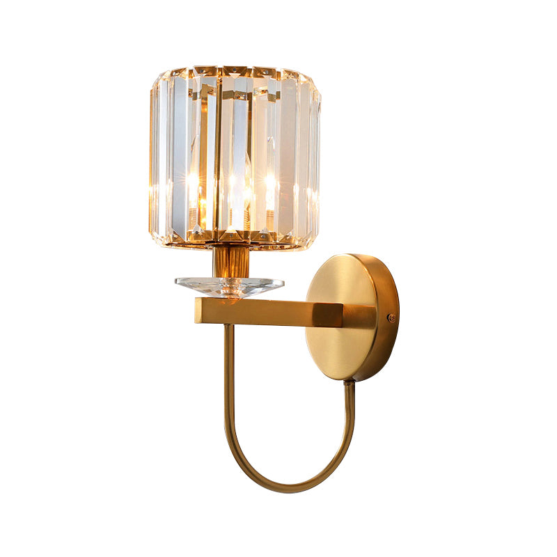 Cylindrical Crystal Wall Lighting Postmodern 1 Head Gold Finish Sconce with Curved Arm Clearhalo 'Cast Iron' 'Glass' 'Industrial' 'Modern wall lights' 'Modern' 'Tiffany' 'Traditional wall lights' 'Wall Lamps & Sconces' 'Wall Lights' Lighting' 2327279